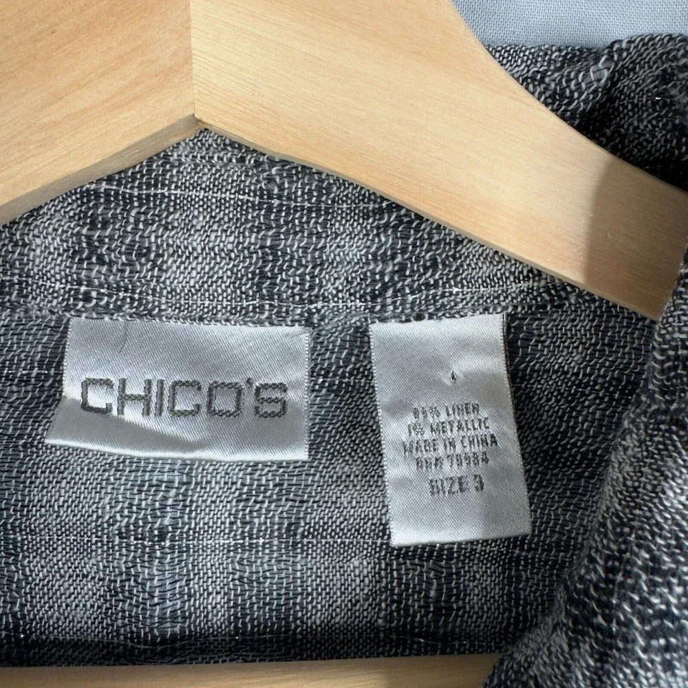 Chico's Shirt Blouse Women Sz‎ 3 Linen Metallic Gray Striped Knit 3/4 sleeve Top